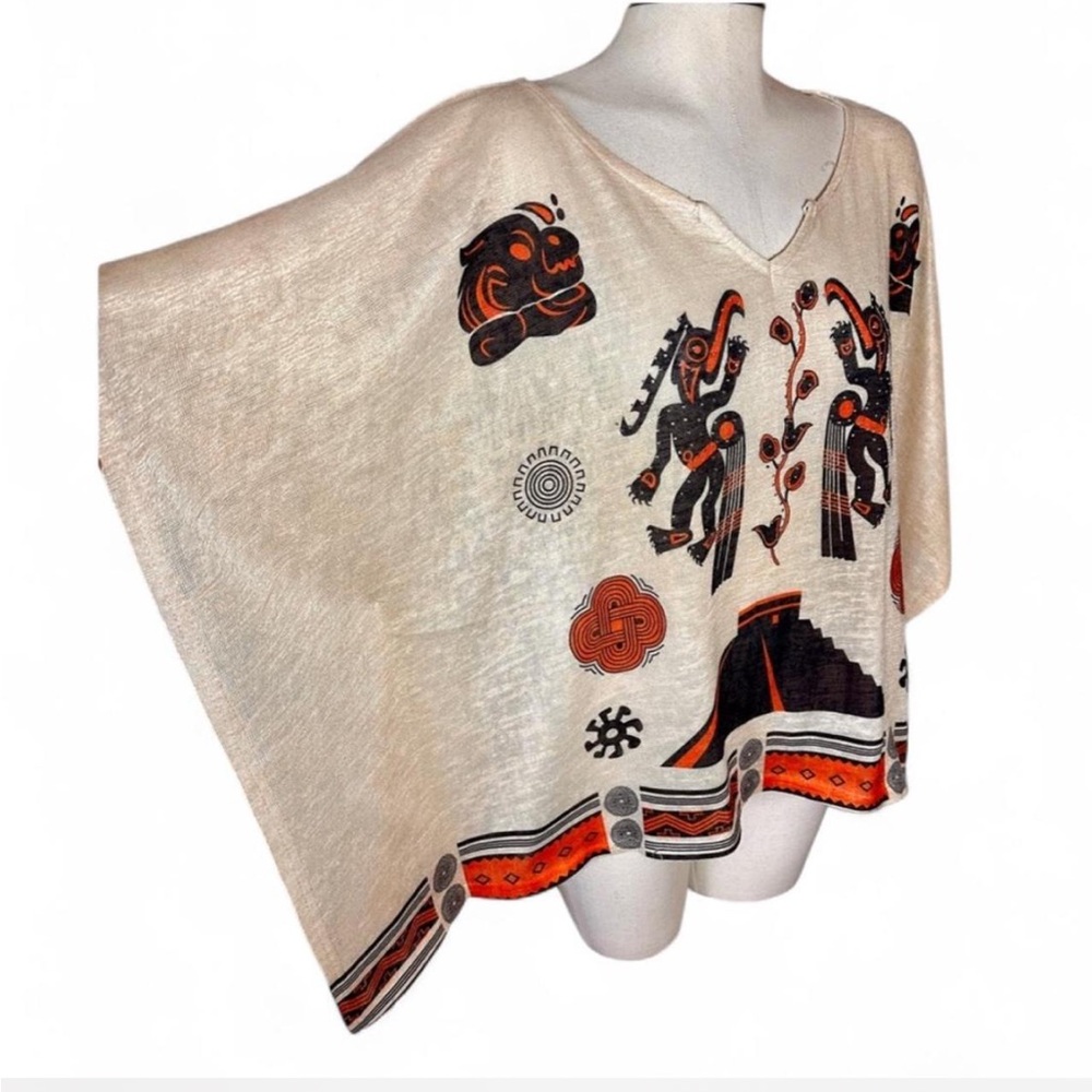 Bohemian Tribal Print Poncho Top | Cream | One Size - Picture 4 of 8